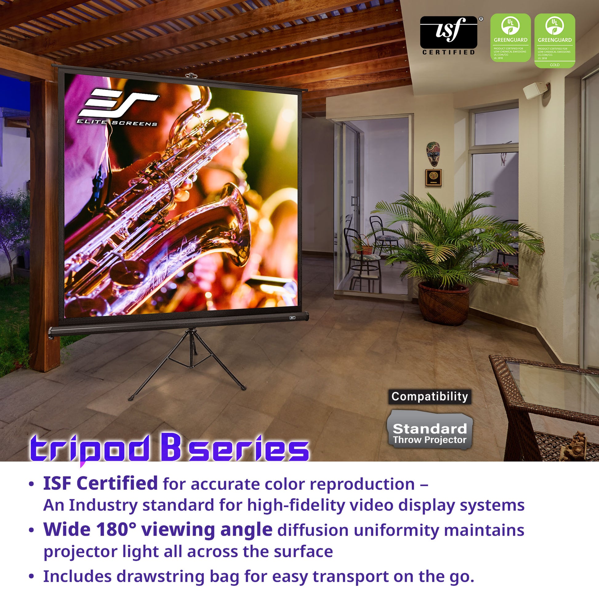 Outdoor setting with a tripod-mounted projector screen displaying a saxophone, with ISF certification and product features highlighted.
