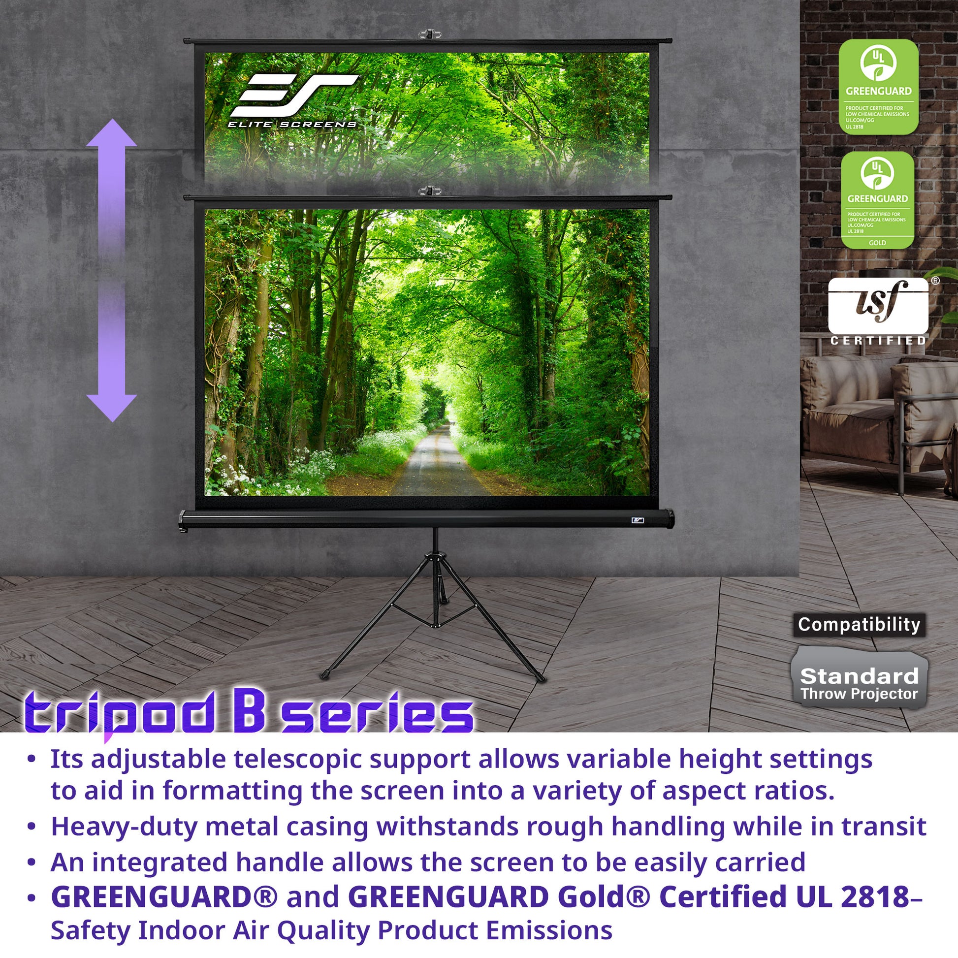 Elite Screens tripod B series projector screen with green forest design on a gray wall.