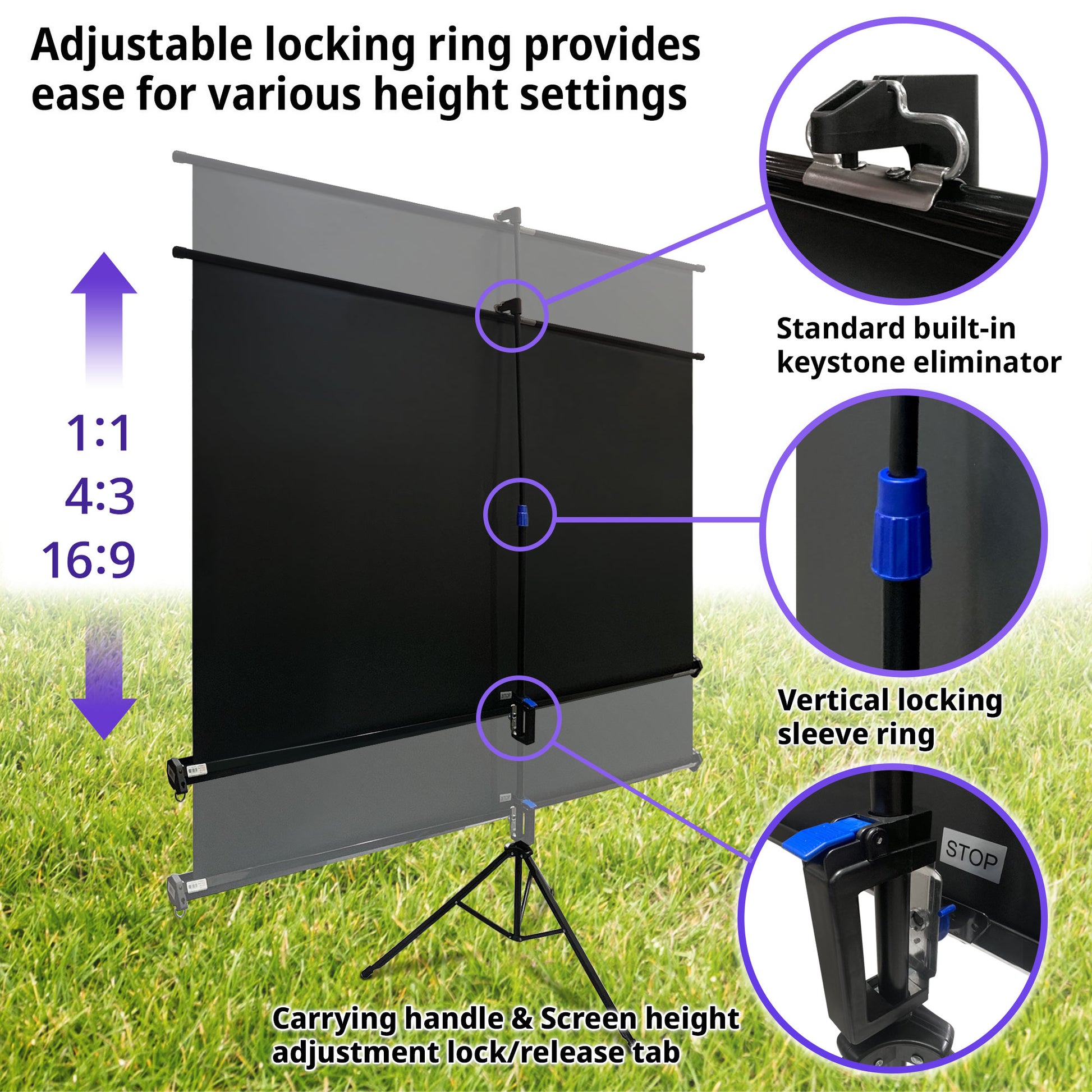 Projection screen with adjustable locking ring and carrying handle on grass