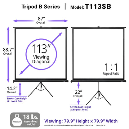Technical specifications of a Tripod B Series projection screen model T113SB on a white background.