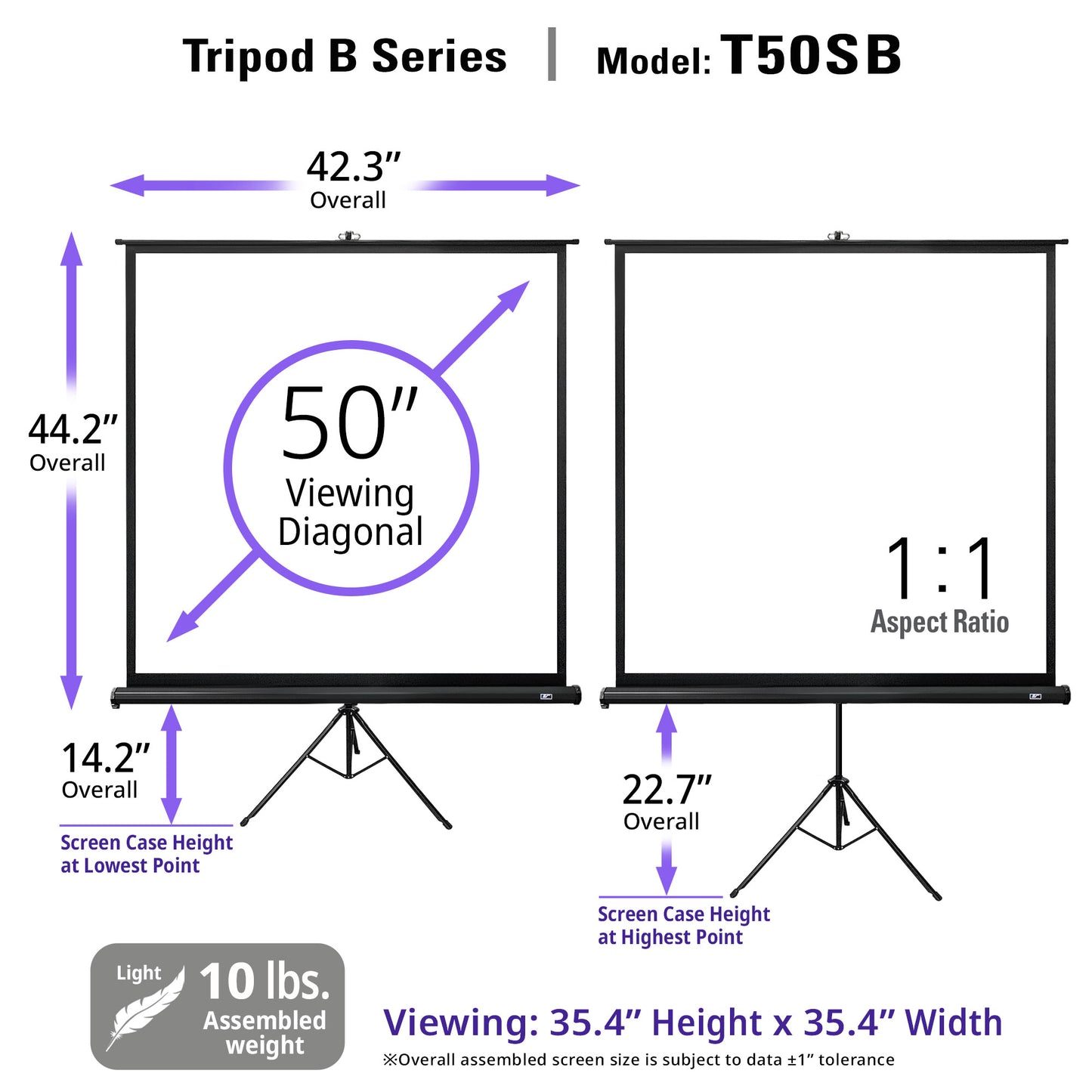 Diagram of a 50-inch projection screen with dimensions and specifications.