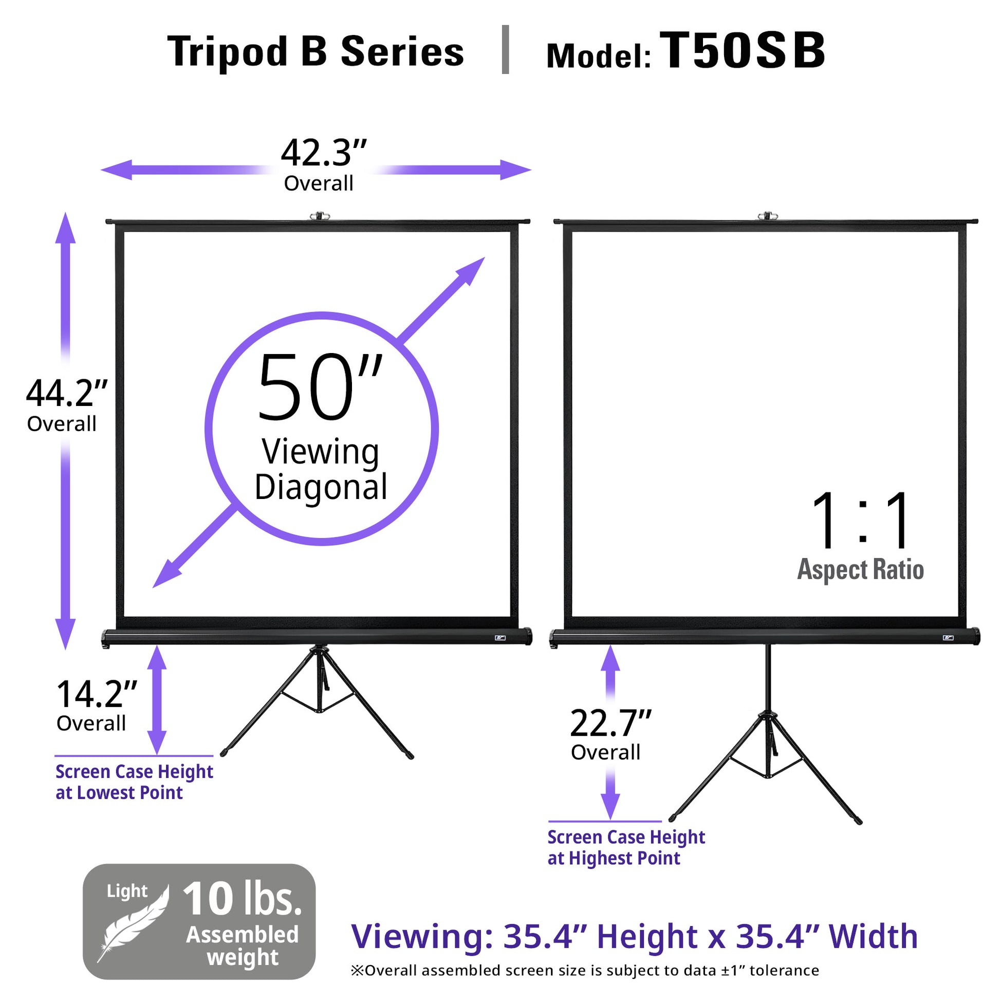 Diagram of a 50-inch projection screen with dimensions and specifications.