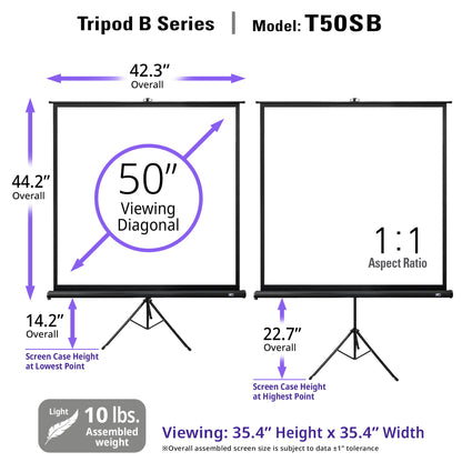 Diagram of a 50-inch projection screen with dimensions and specifications.
