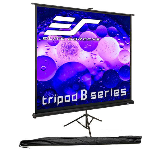 Elite Screens tripod B series projector screen with a blue and purple bubble design on the screen.