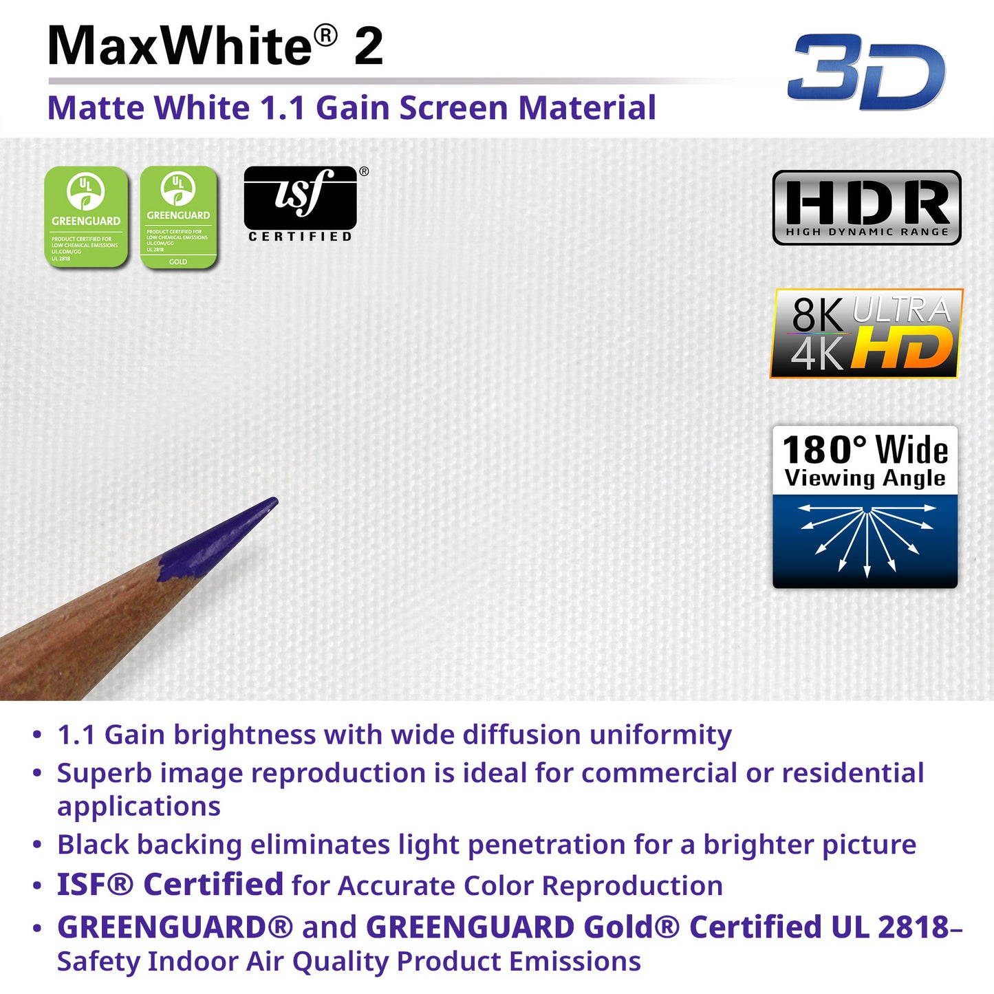 MaxWhite 2 screen material with certification logos and product features on a white background