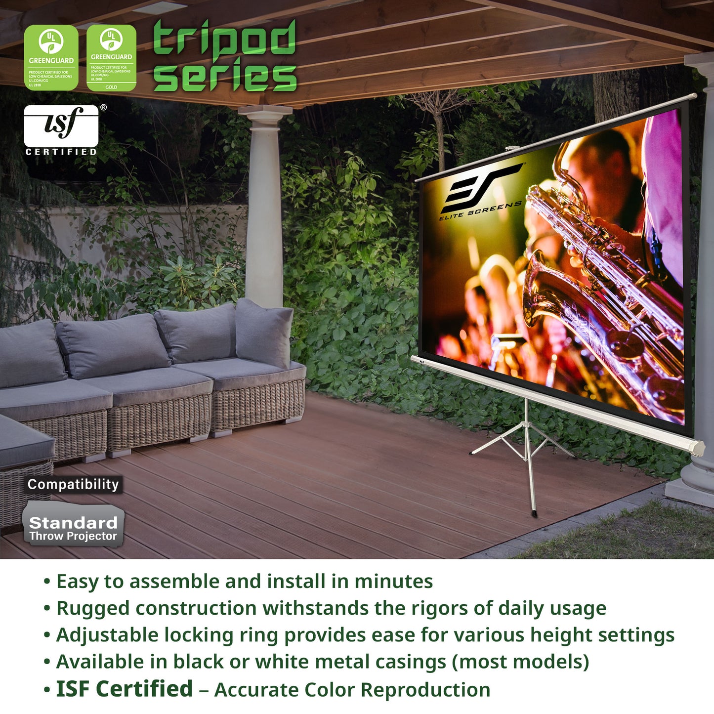 Outdoor setting with a large projector screen displaying an image, surrounded by furniture and greenery.