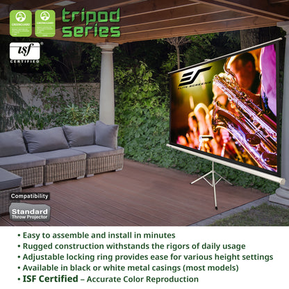 Outdoor setting with a large projector screen displaying an image, surrounded by furniture and greenery.