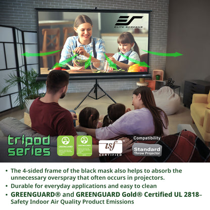 Family watching a movie on a large screen in a living room with Elite Screens branding.