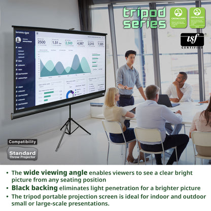 Portable projection screen with a tripod in a meeting room setting, featuring USF certification logos.