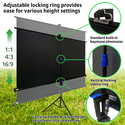 Portable projector screen with adjustable locking ring and carrying handle on grass