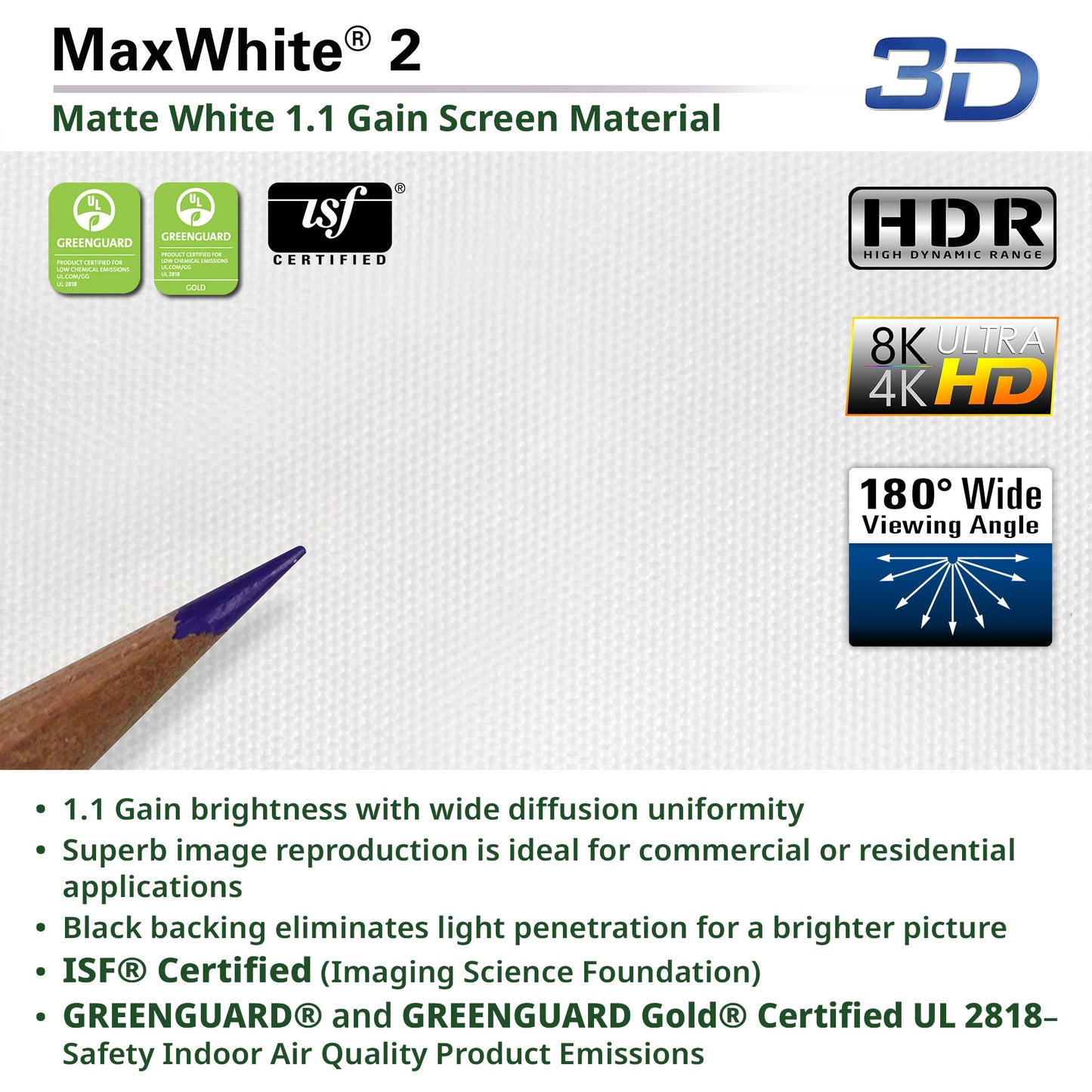MaxWhite 2 screen material with certification logos and features on a white background