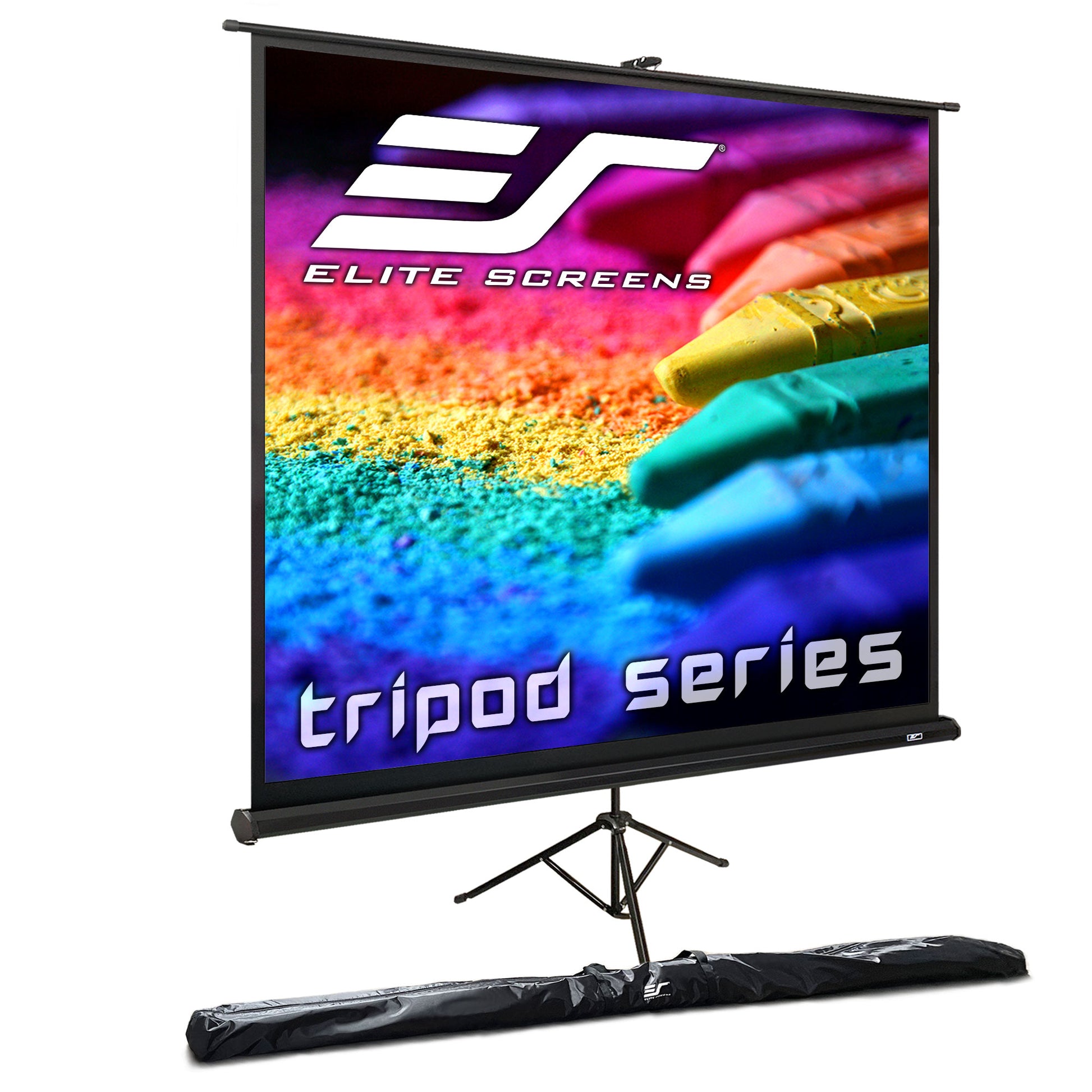 Elite Screens tripod series projector screen with colorful display on a white background