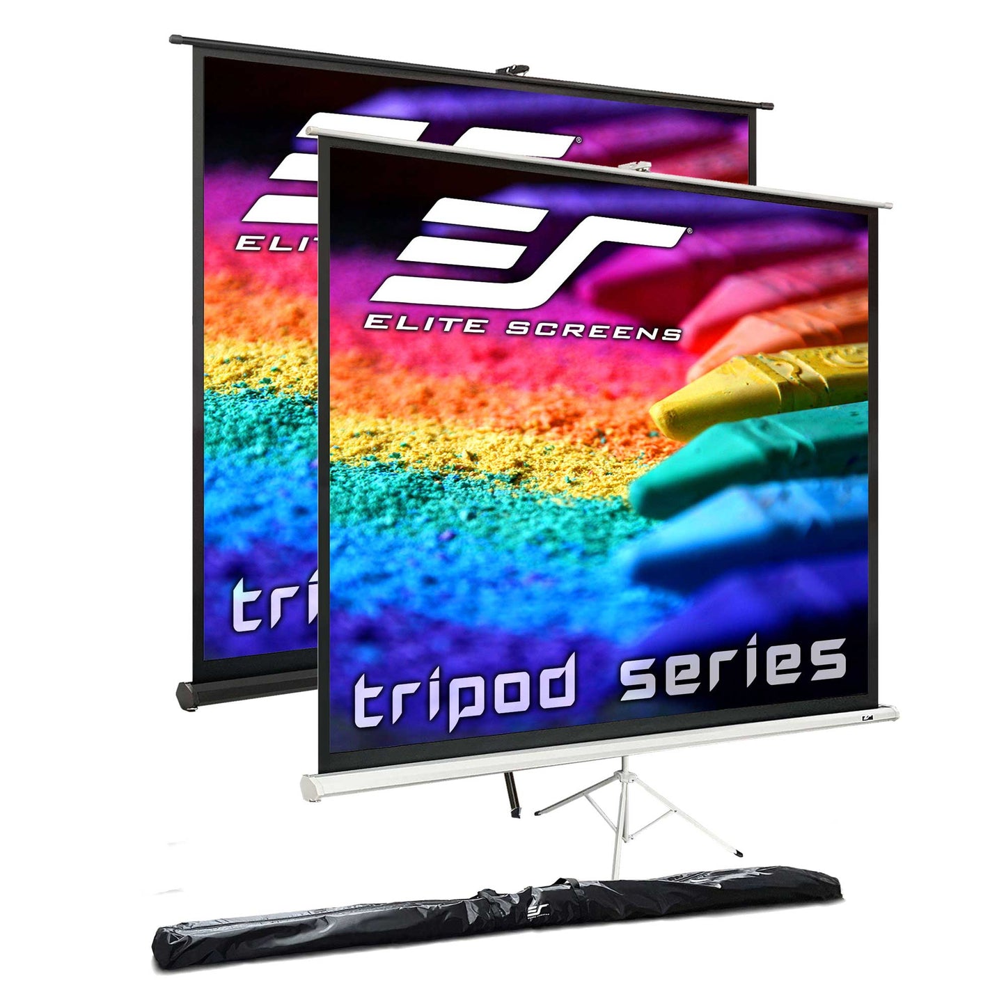 Elite Screens tripod series projector screen with colorful design on a white background