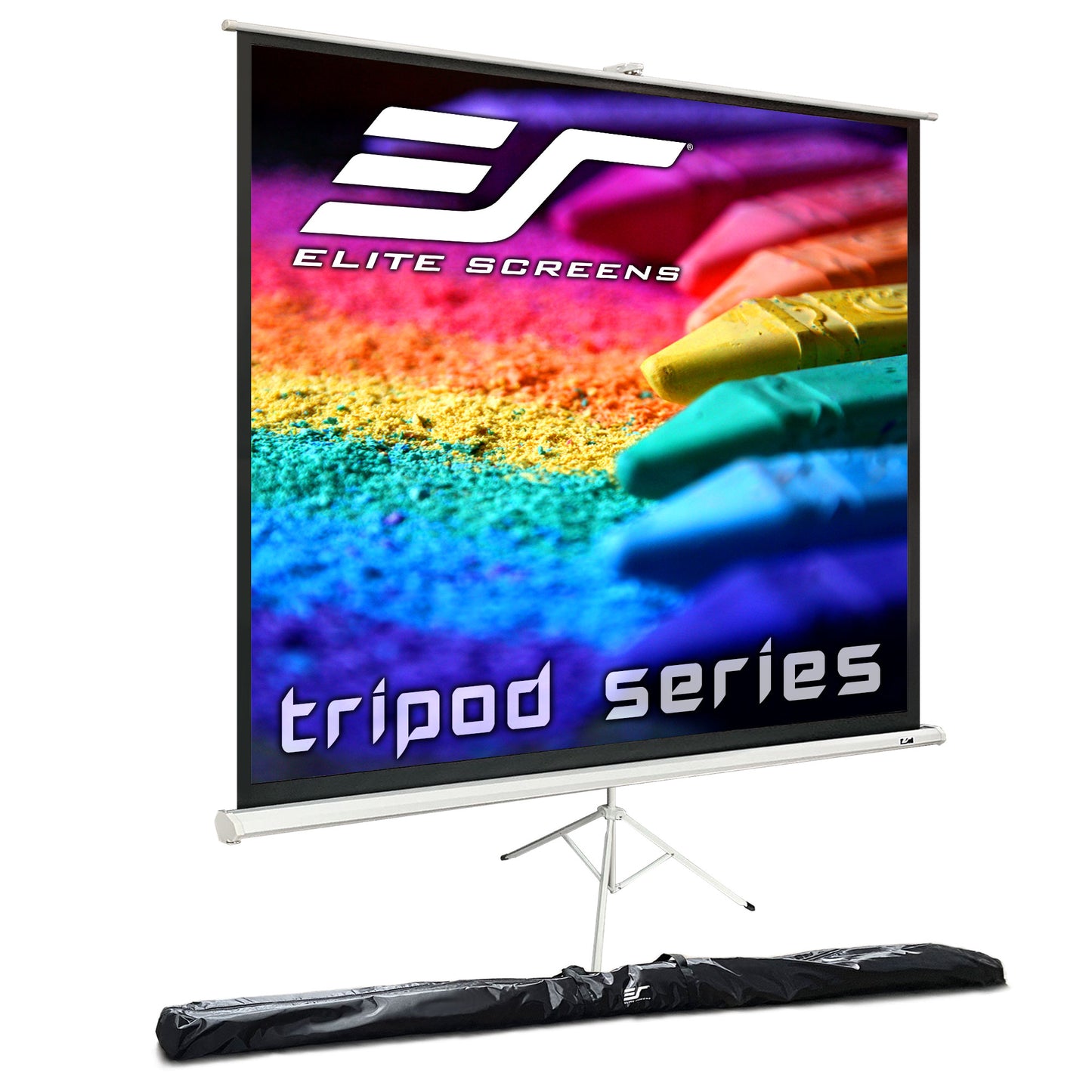 Elite Screens tripod series projector screen with colorful design on a white background