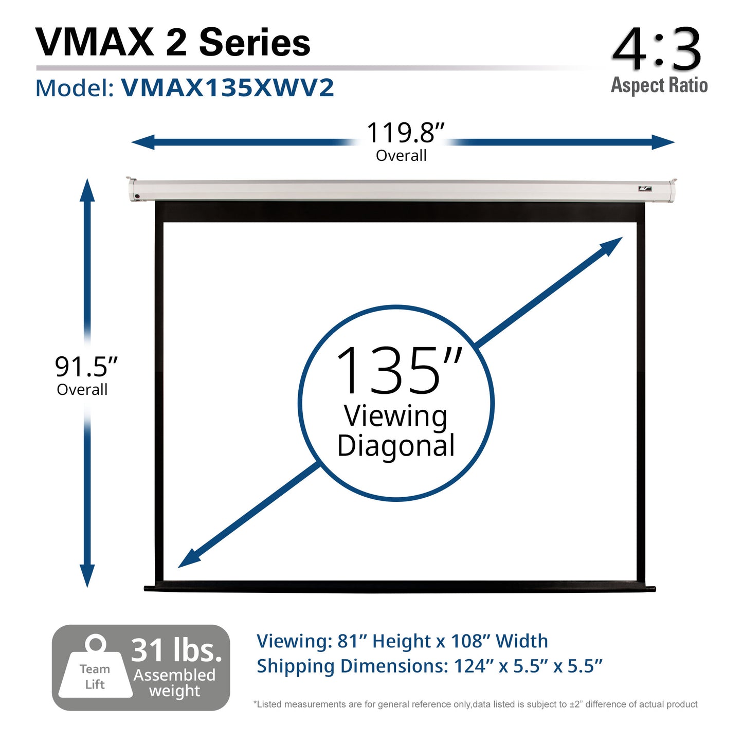 VMAX 2 Series projector screen with dimensions and specifications on a white background