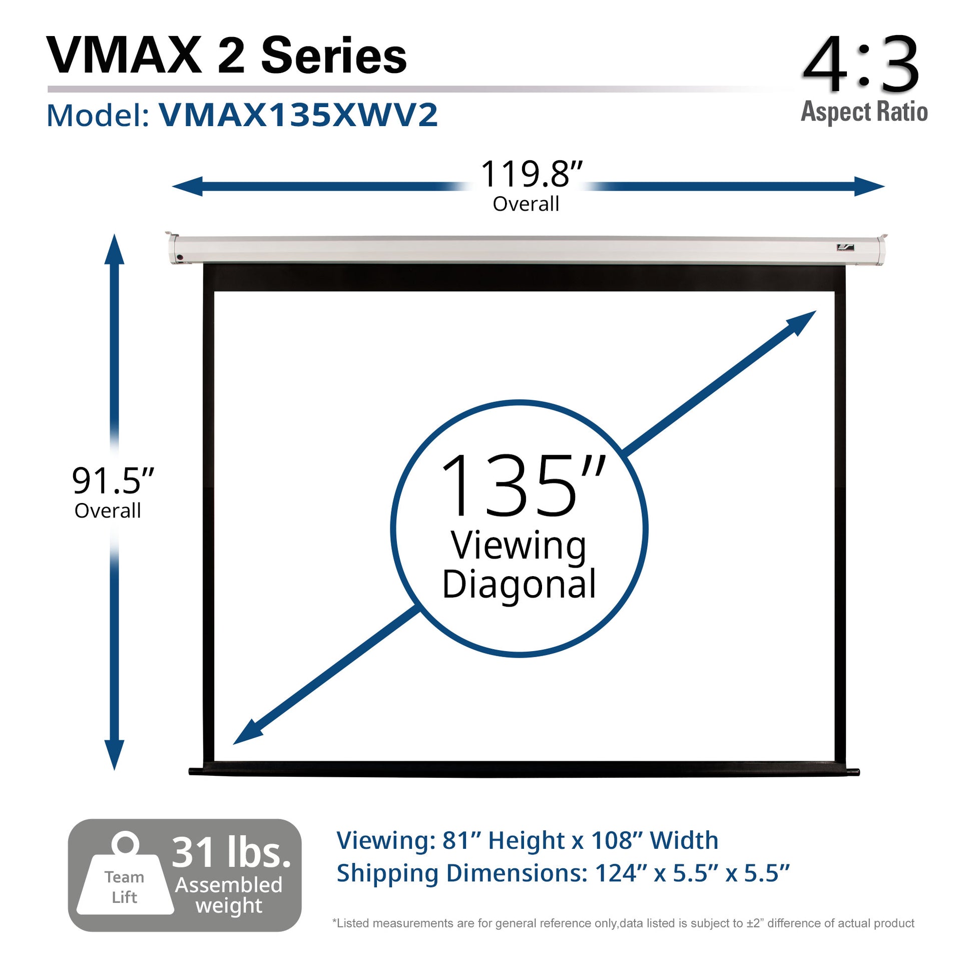 VMAX 2 Series projector screen with dimensions and specifications on a white background