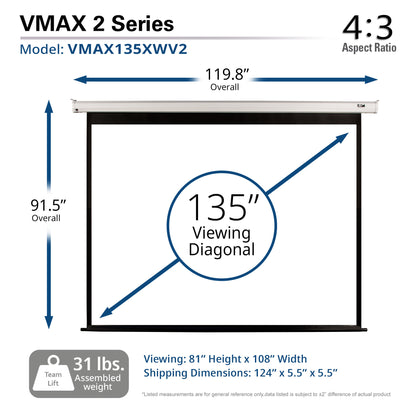 VMAX 2 Series projector screen with dimensions and specifications on a white background