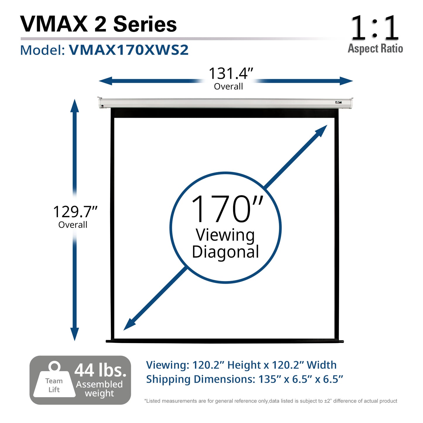VMAX 2 Series projector screen with dimensions and specifications on a white background