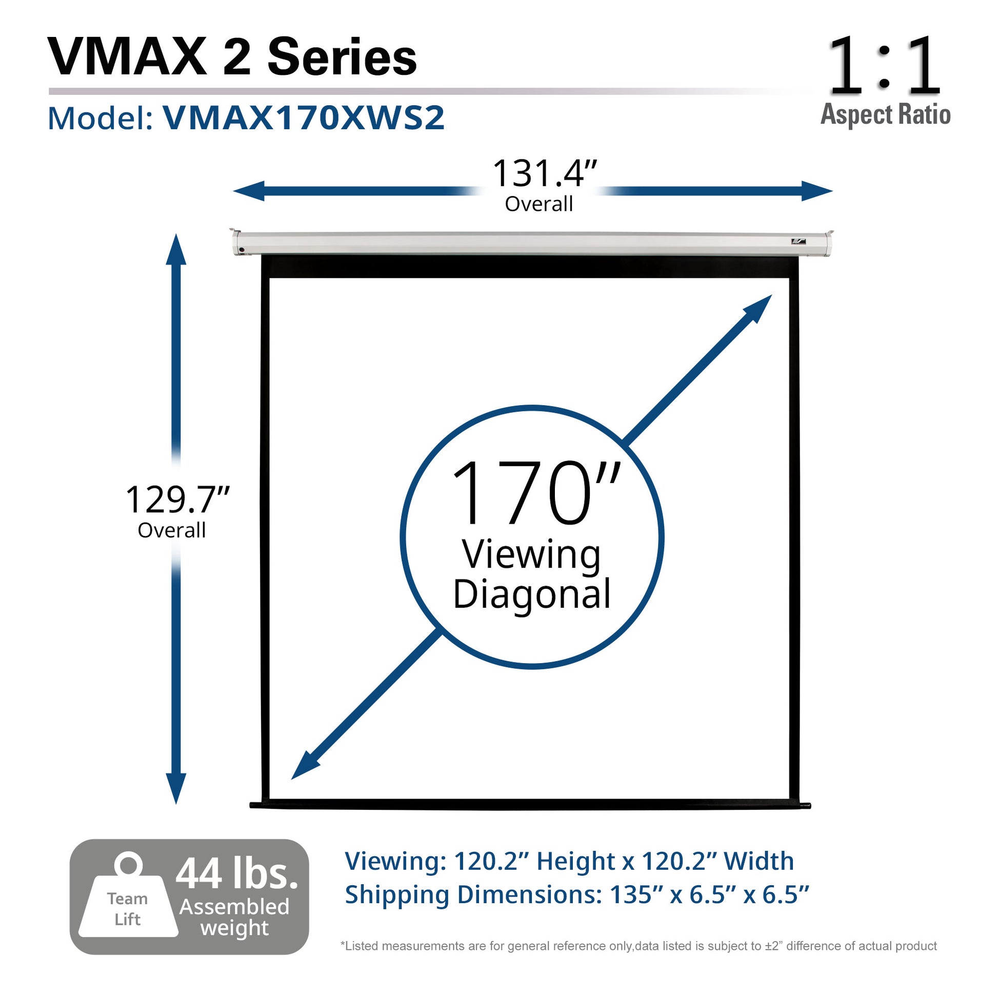 VMAX 2 Series projector screen with dimensions and specifications on a white background