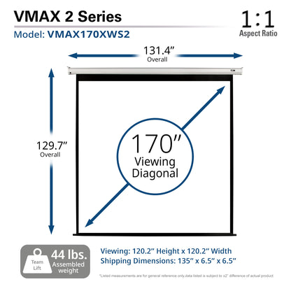 VMAX 2 Series projector screen with dimensions and specifications on a white background