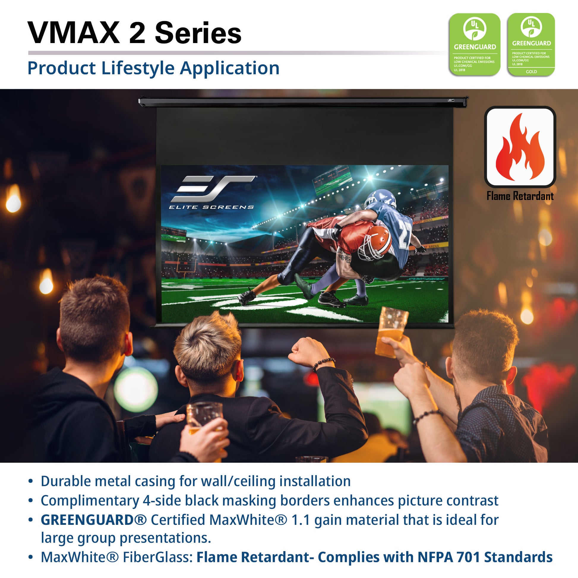 People watching a football game on a large screen TV with Elite Screens branding, featuring flame retardant and GREENGUARD certification.
