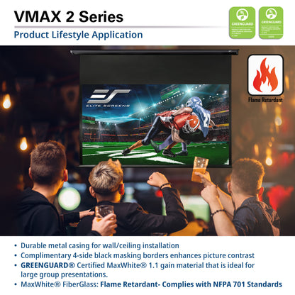 People watching a football game on a large screen TV with Elite Screens branding, featuring flame retardant and GREENGUARD certification.