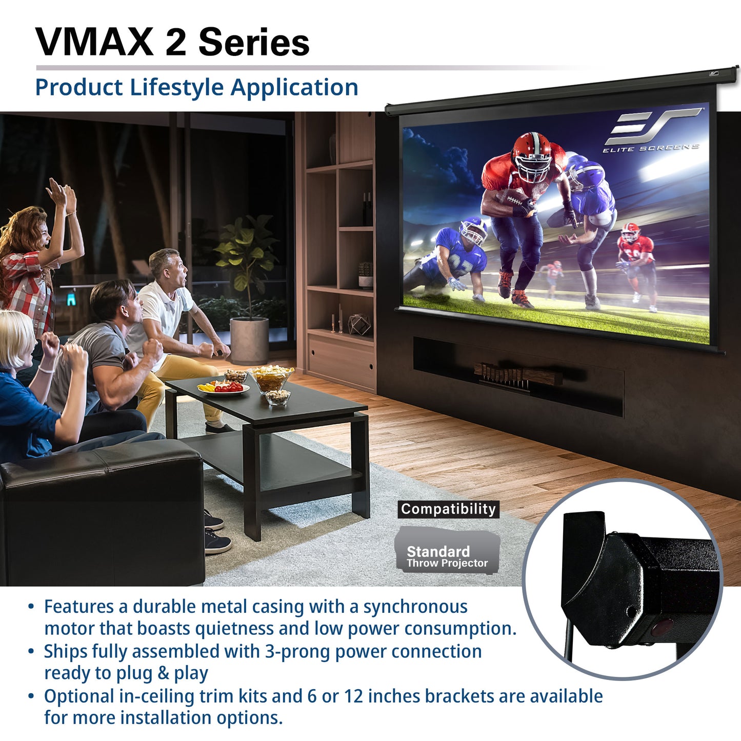Living room setup with a large screen displaying a sports game, featuring VMAX 2 Series product.