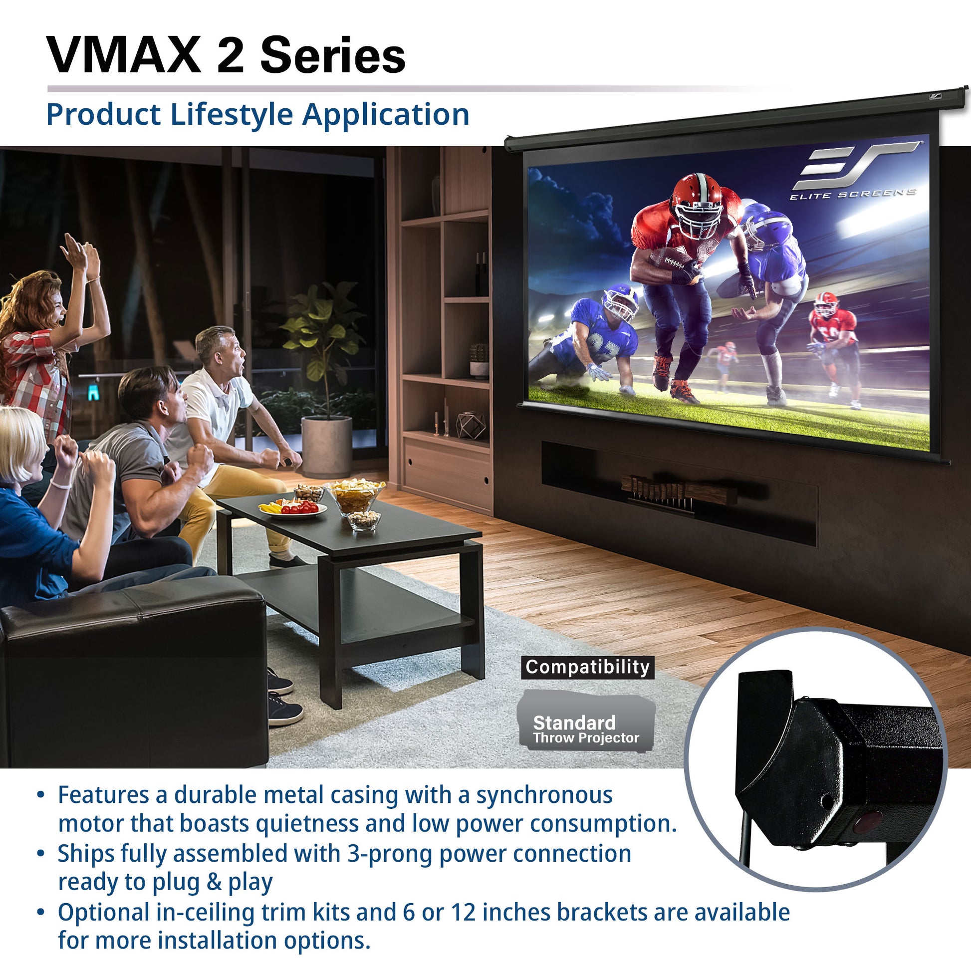 Living room setup with a large screen displaying a sports game, featuring VMAX 2 Series product.