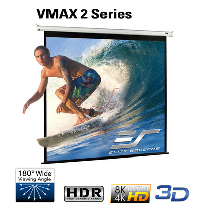 Elite Screens VMAX 2 Series projector screen with a surfer on a wave, featuring 180° wide viewing angle, HDR, 8K Ultra HD, and 3D capabilities.