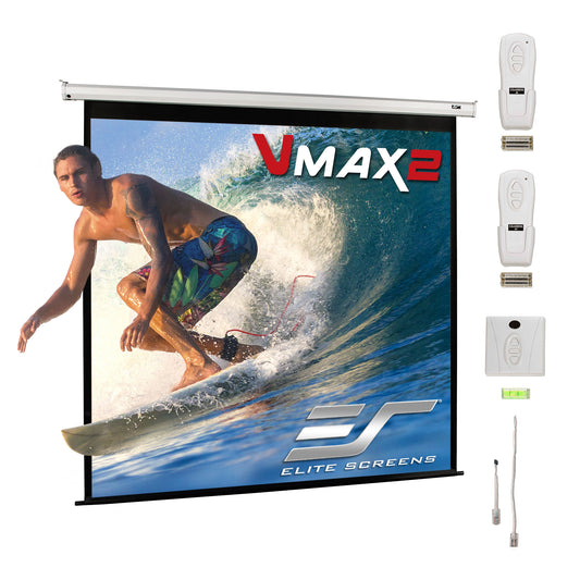 Elite Screens VMAX2 projection screen with remote controls on a white background