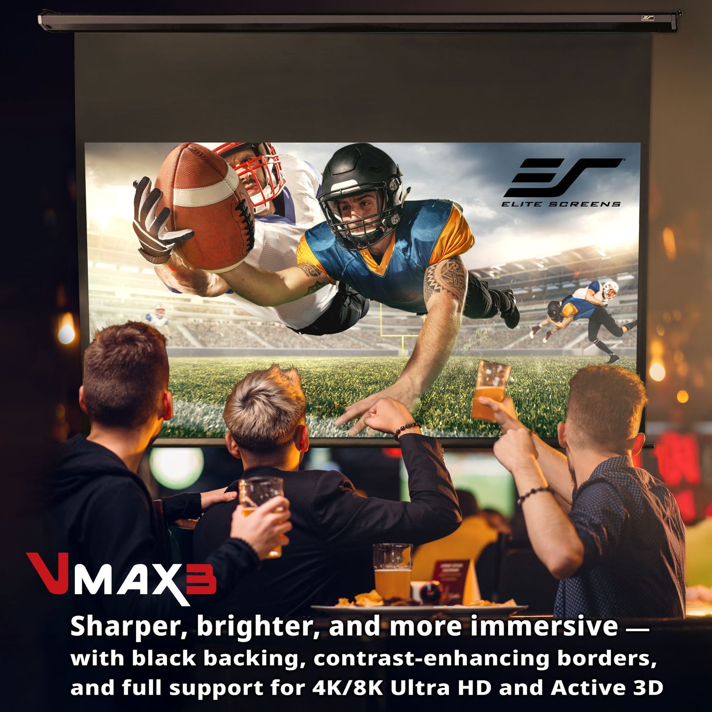 People watching a football game on a large screen with Elite Screens branding.