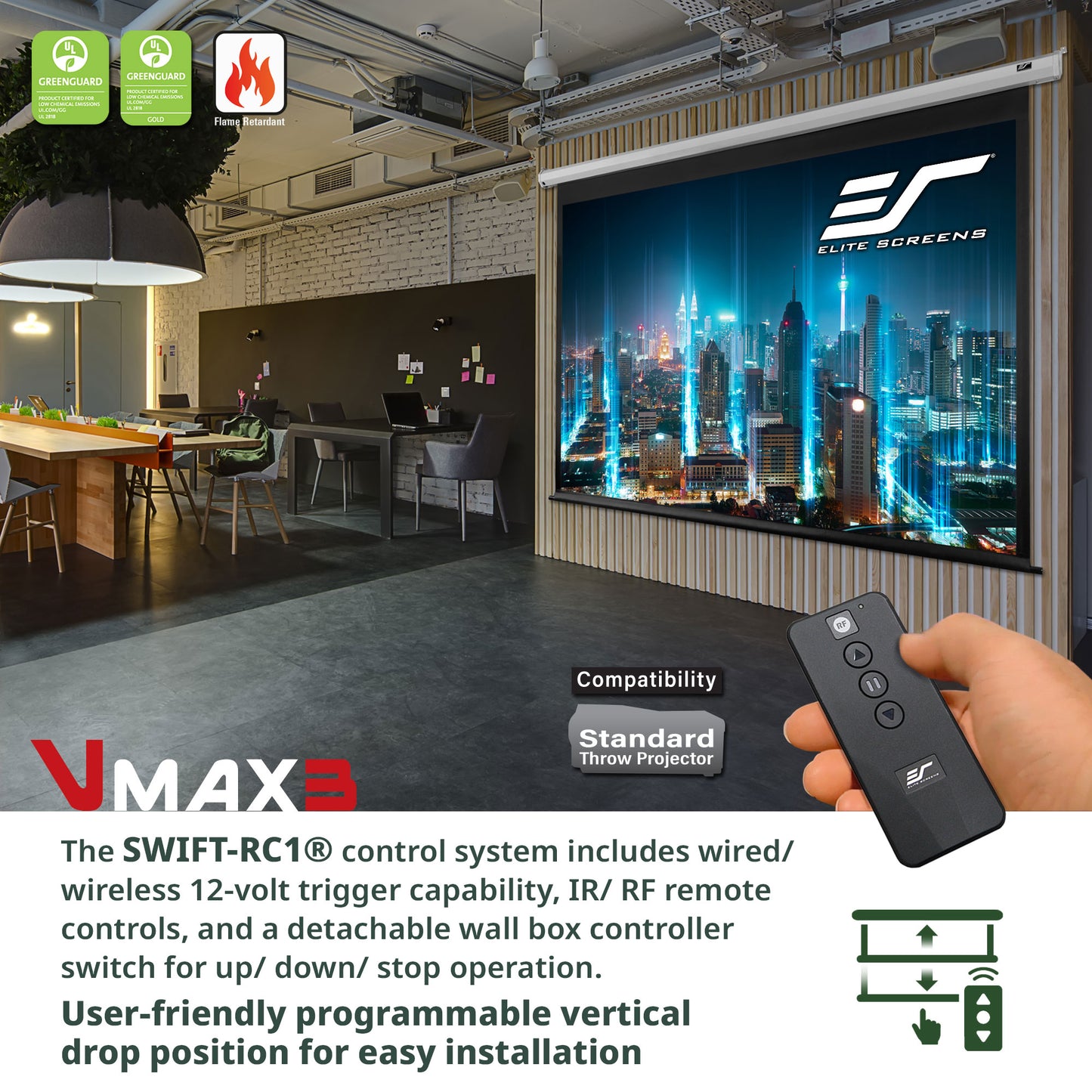 Room with a large screen displaying Elite Screens logo, remote control held by hand, and product features text.