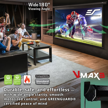 Living room with a large screen displaying a sports game, featuring VMAX3 branding.