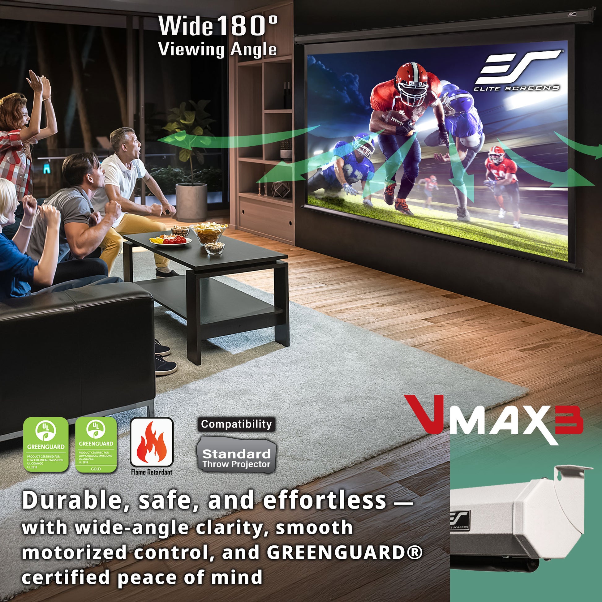 Living room with a large screen displaying a sports game, featuring Elite Screens and VMAX3 branding.