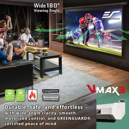 Living room with a large screen displaying a sports game, featuring Elite Screens and VMAX3 branding.