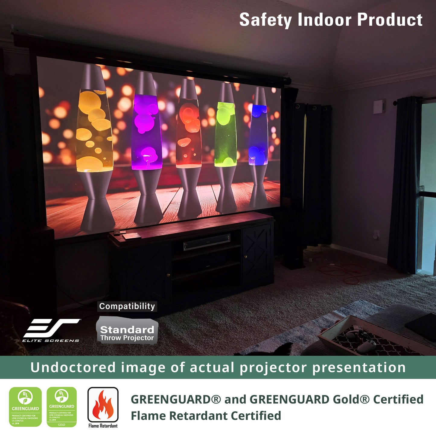 Large screen displaying colorful lava lamps in a dark room with Elite Screens logo.