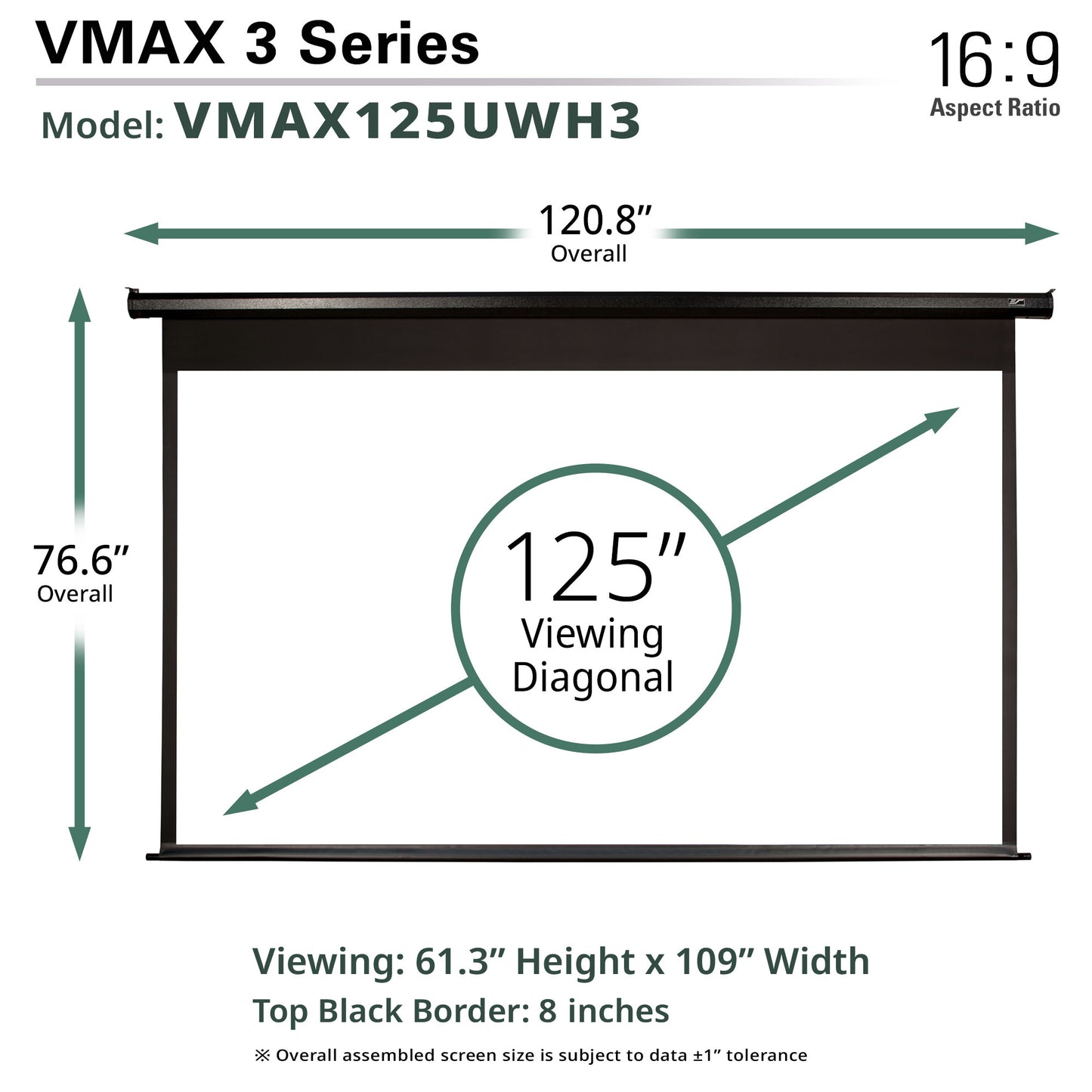 Diagram of a VMAX 3 Series projector screen with dimensions and specifications.