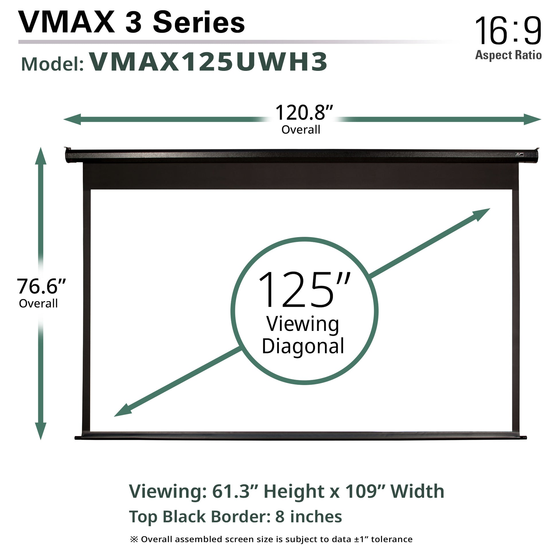 Diagram of a VMAX 3 Series projector screen with dimensions and specifications.