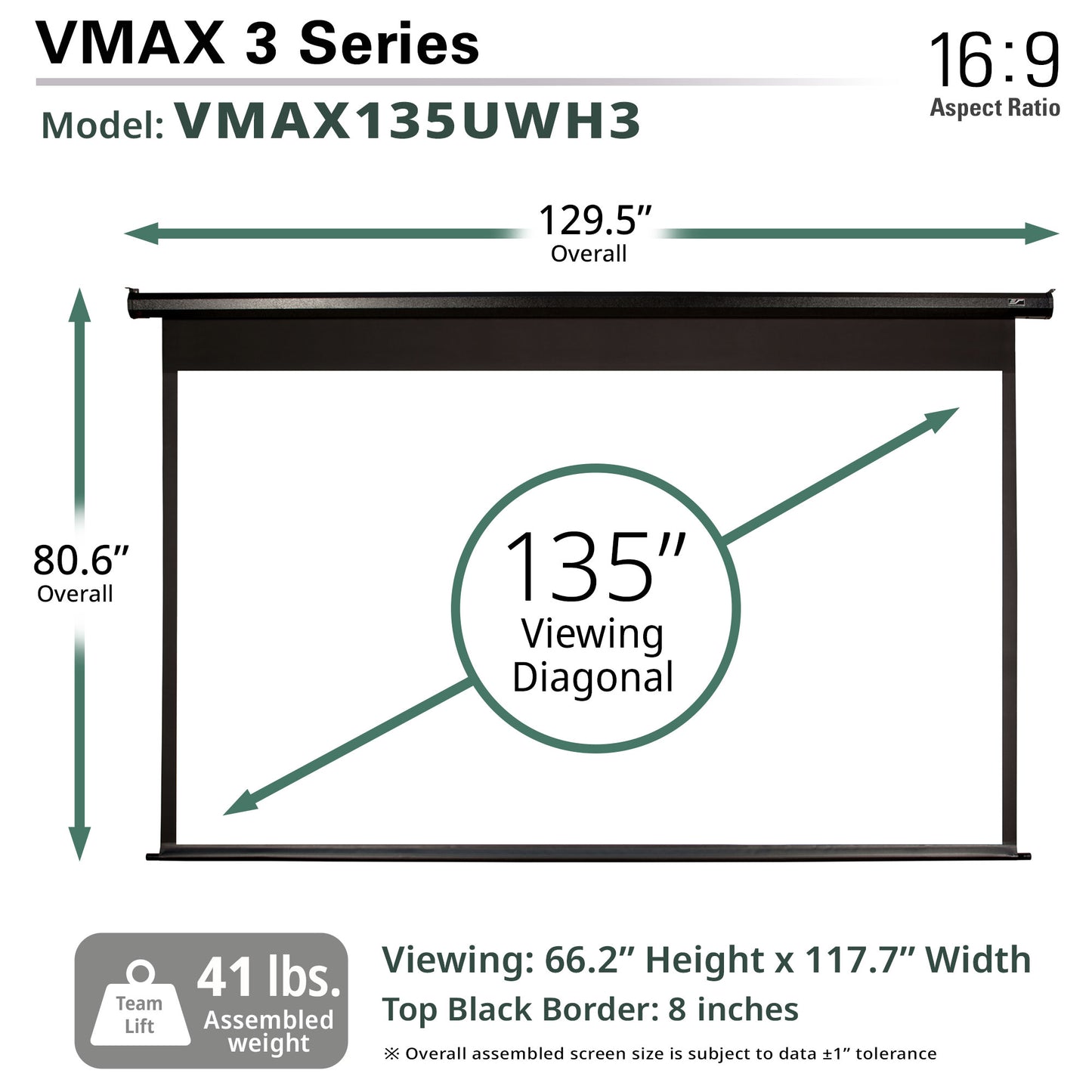 Diagram of a VMAX 3 Series projector screen with dimensions and specifications.