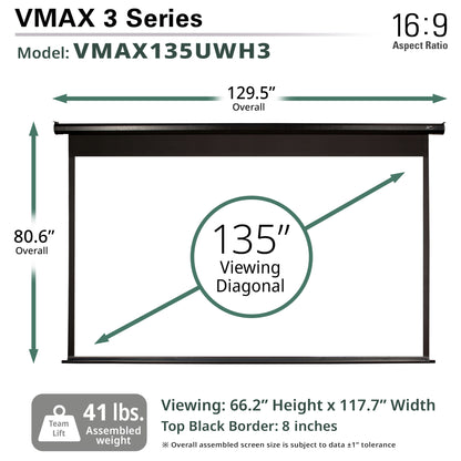 Diagram of a VMAX 3 Series projector screen with dimensions and specifications.