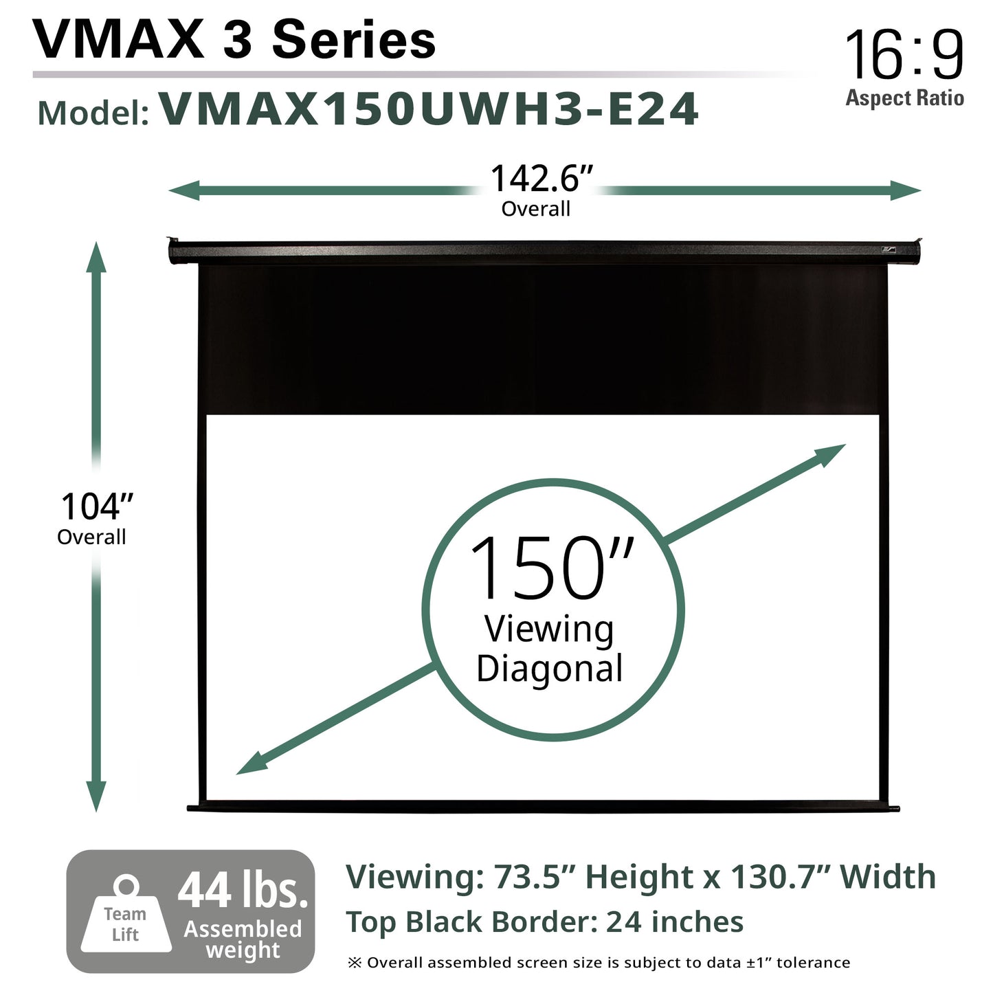 Diagram of a VMAX 3 Series projector screen with dimensions and specifications.