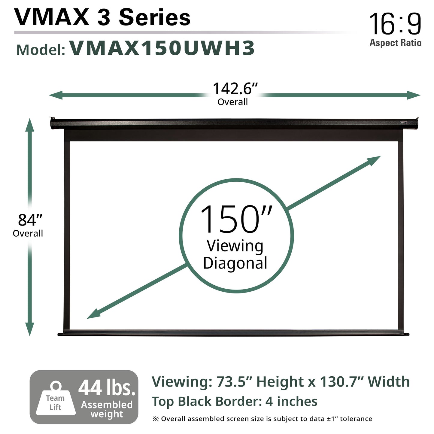 Diagram of a VMAX 3 Series projector screen with dimensions and specifications.