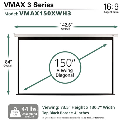 Measurement chart for VMAX 3 Series projector screen with dimensions and specifications.