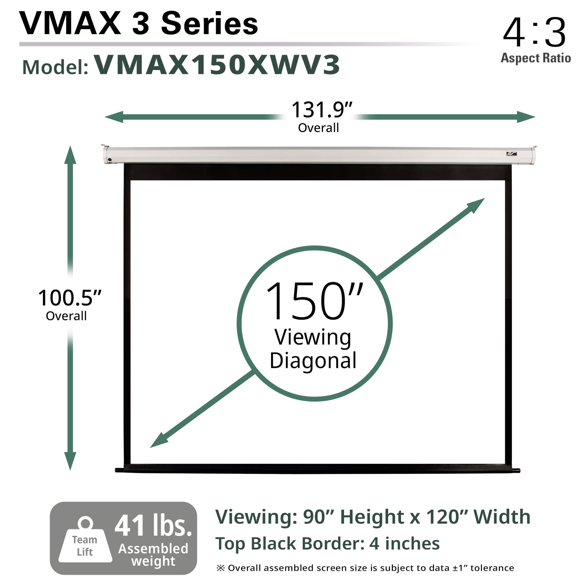 VMAX 3 Series projector screen with dimensions and specifications on a white background