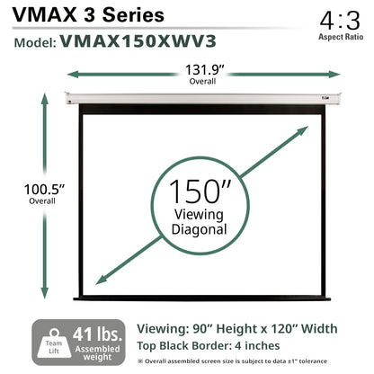 VMAX 3 Series projector screen with dimensions and specifications on a white background