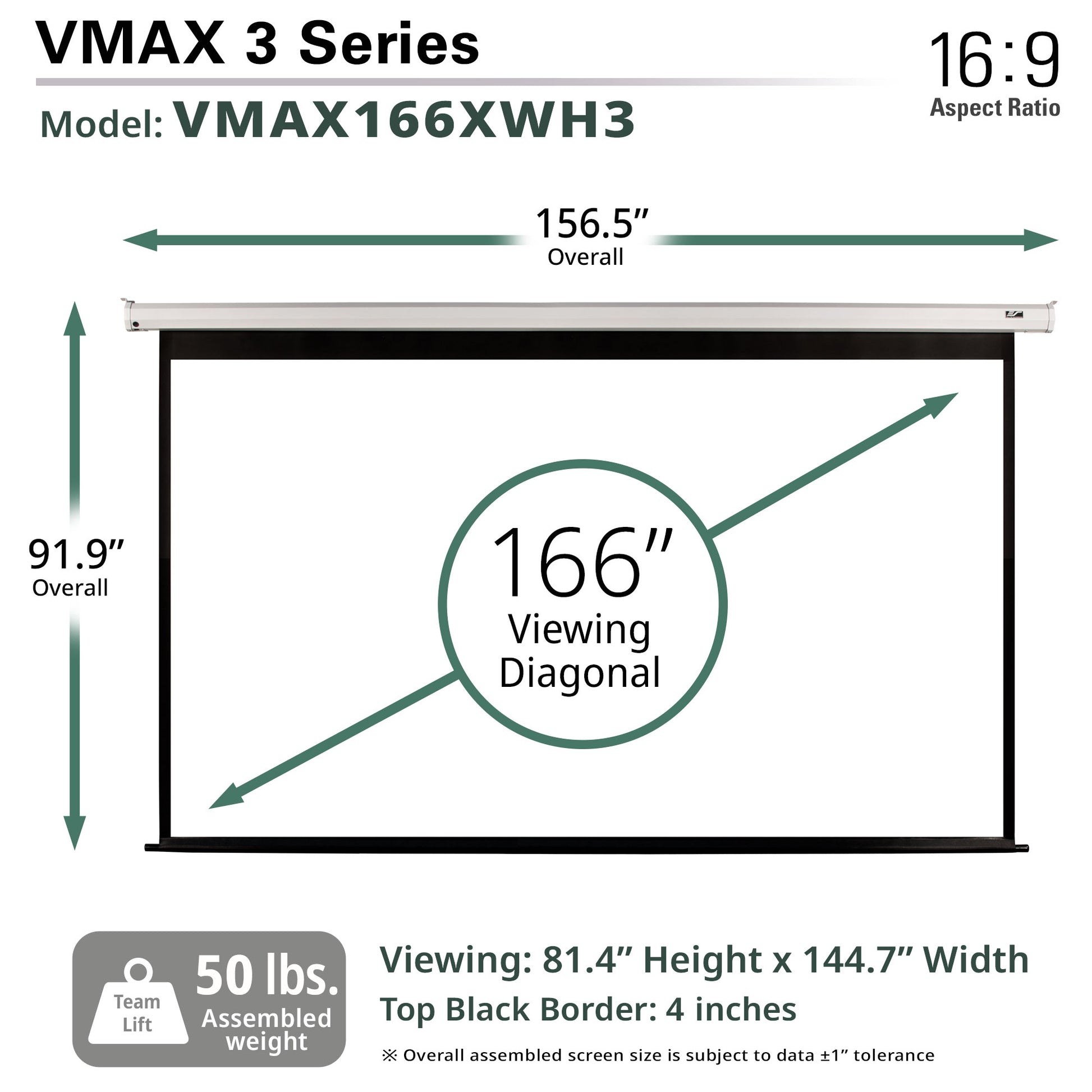 Diagram of a VMAX 3 Series projector screen with dimensions and specifications.
