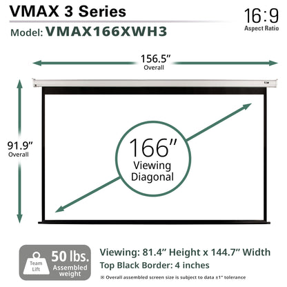 Diagram of a VMAX 3 Series projector screen with dimensions and specifications.