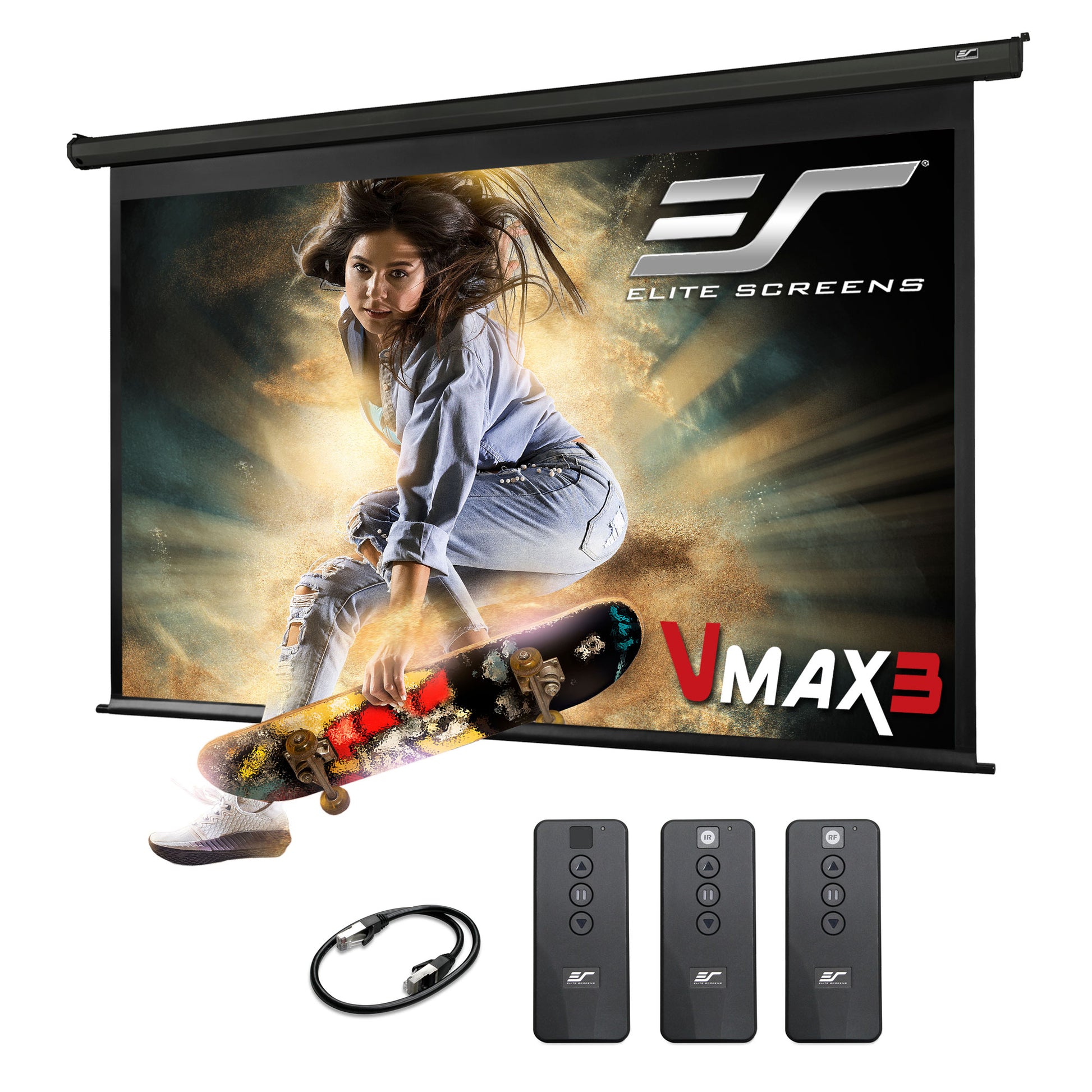 Elite Screens VMAX3 projector screen with remote controls and cable on a white background