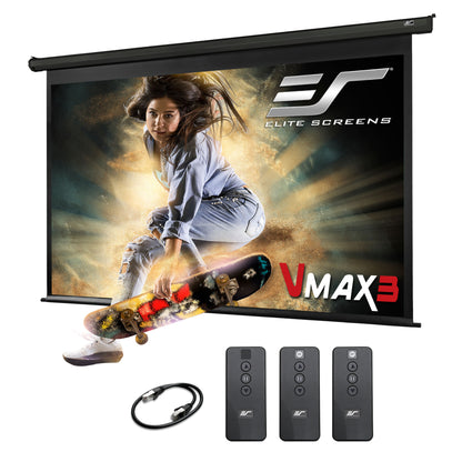Elite Screens VMAX3 projector screen with remote controls and cable on a white background