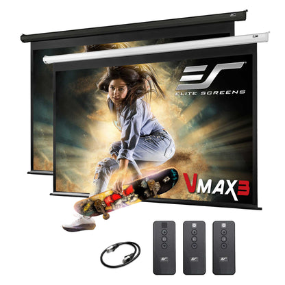 Elite Screens VMAX3 projector screen with a woman on a skateboard graphic and remote controls.
